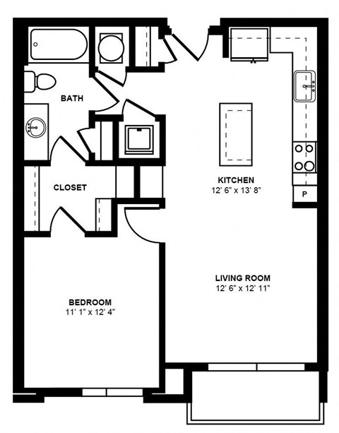 Floor plan for 1 bed, 1 bath, 724 sqft